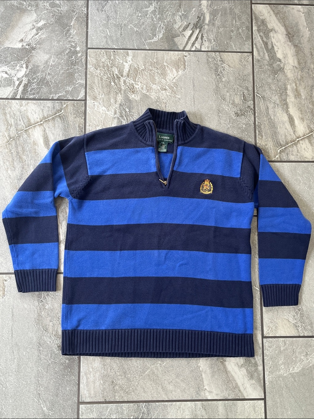 💙Lauren Ralph Lauren Vintage Size Small Striped Cotton Sweater Quarter Zip Blue